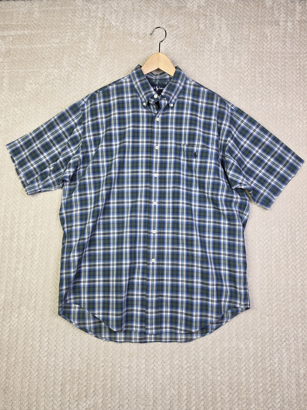 Ralph Lauren‎ Blair Shirt Mens Medium Short Sleeve Button Down Green Blue Plaid